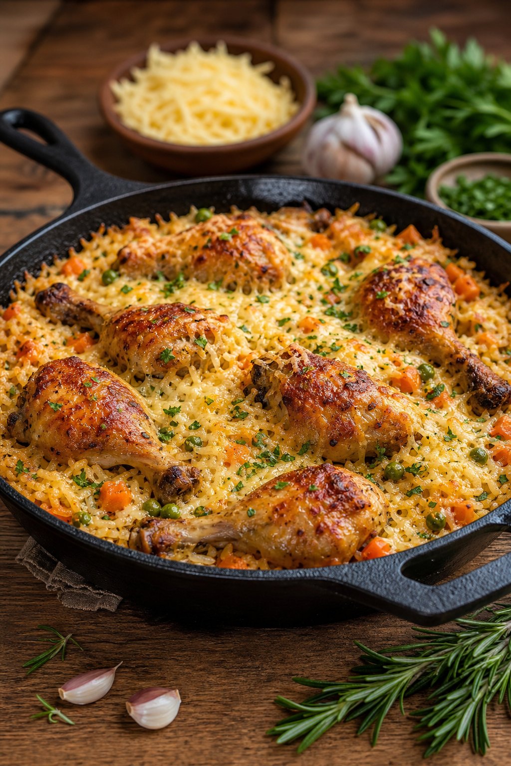 A cast iron skillet with golden baked chicken legs resting on a bed of cheesy rice studded with peas and onion, on a wooden table.