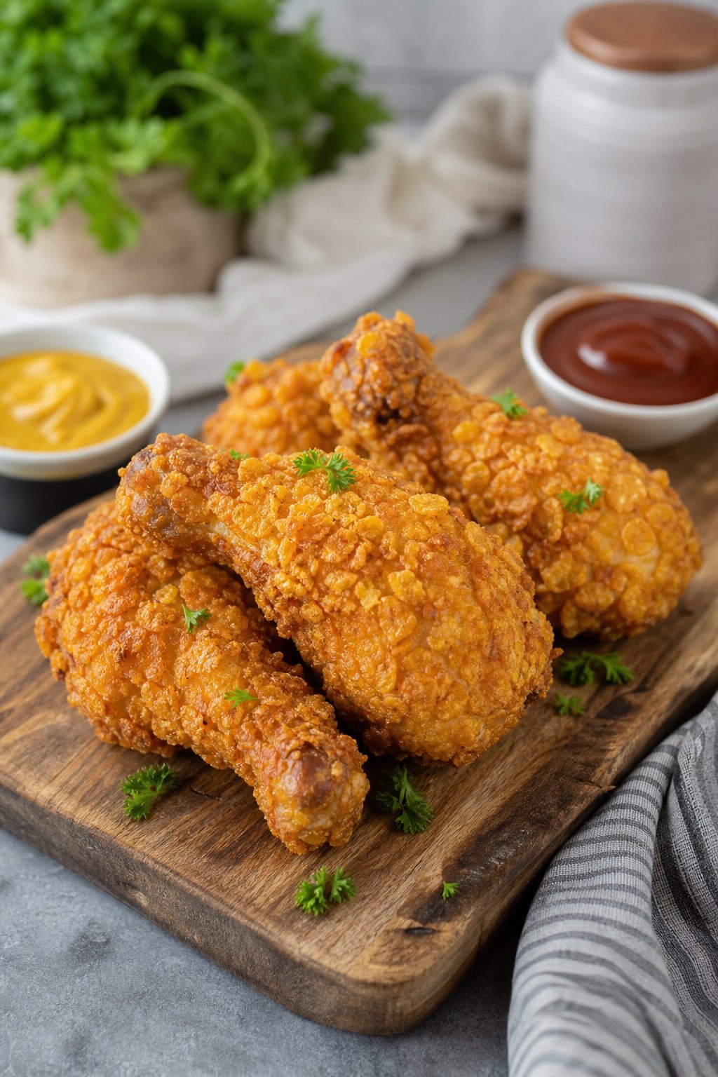 Crunchy cornflake-coated chicken drumsticks on a wooden board with visible flaky golden crust, fresh herb garnish, and small dipping sauce bowls.