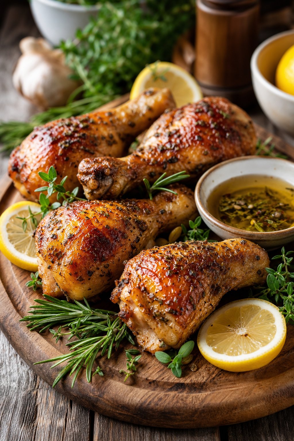 Golden-brown slow-roasted chicken legs on a wooden platter with crispy herb-speckled skin, fresh rosemary and thyme, and lemon wedges arranged alongside.