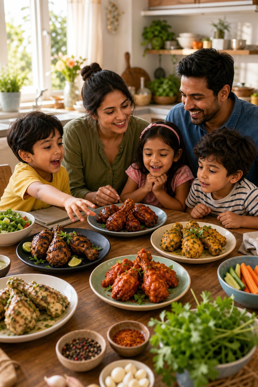 A family with young children seated around a kitchen table with several chicken leg dishes, smiling and passing plates to each other.