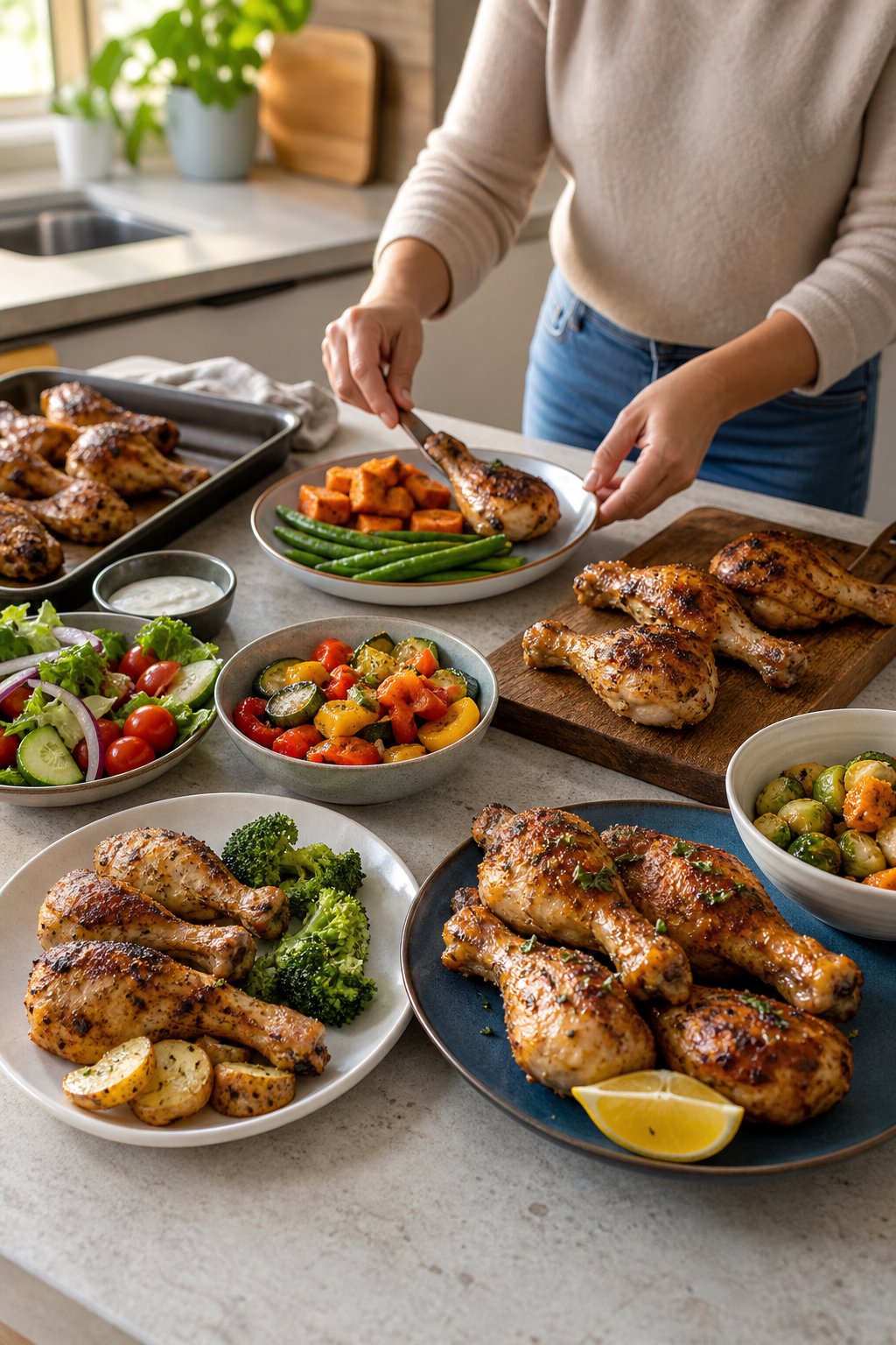 A kitchen counter with several containers of prepped cooked chicken legs and portioned side dishes being arranged for the week.