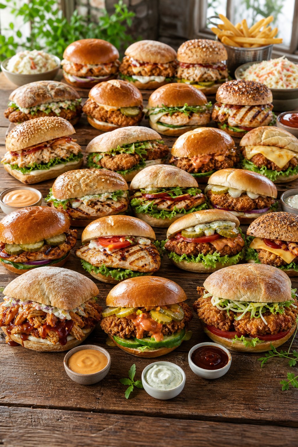 A spread of chicken sandwiches on various breads with different toppings, sauces, and sides arranged on a wooden table