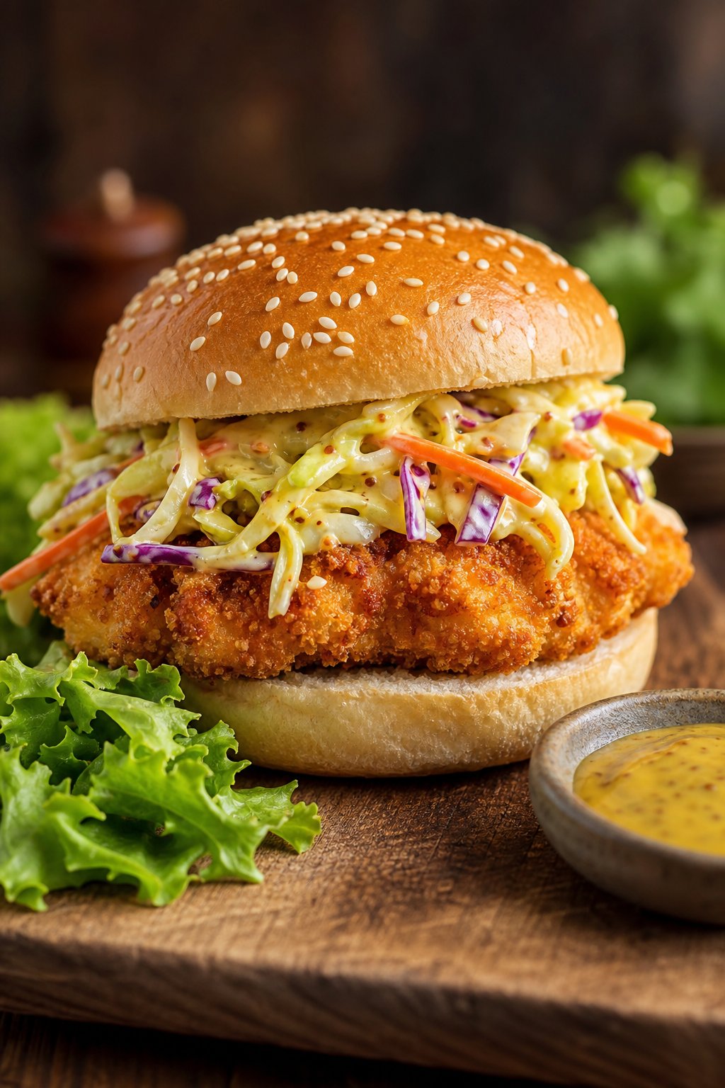 A panko-crusted oven-fried chicken sandwich on a wooden board with a ramekin of honey mustard sauce and shredded slaw visible on the side