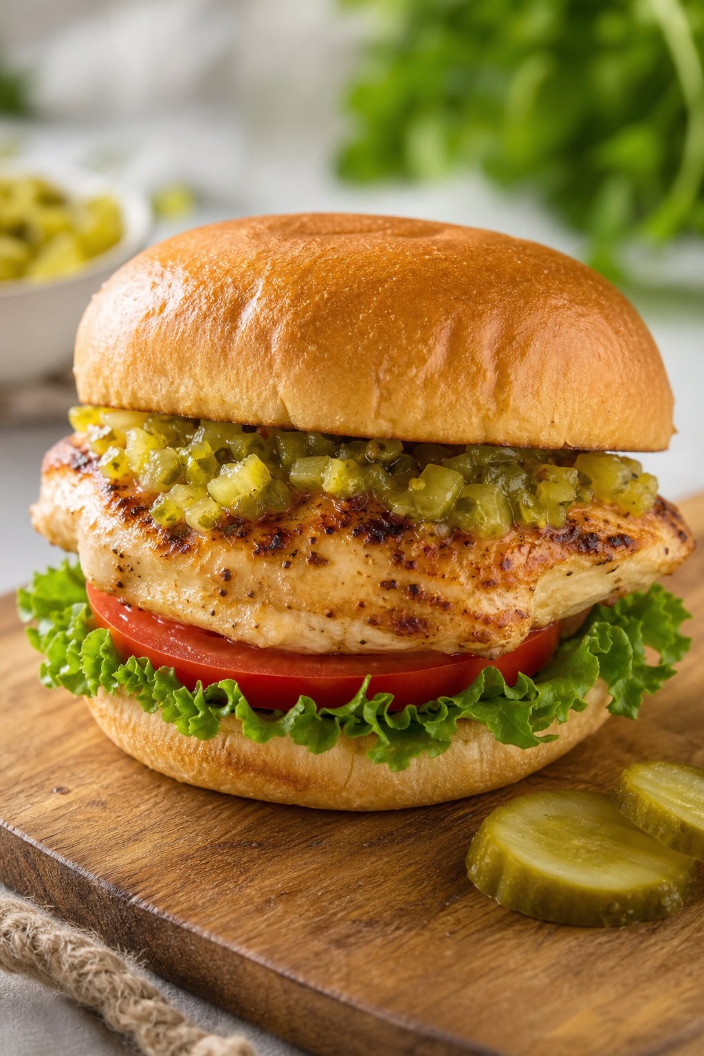 A grilled chicken sandwich with pickle relish, crisp lettuce, and tomato slices on a toasted bun, served on a wooden board