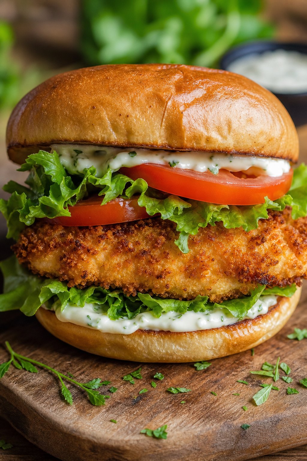 Close-up of a panko-crusted chicken cutlet with garlic mayo, green lettuce, and tomato on a toasted bun, set on a wooden board