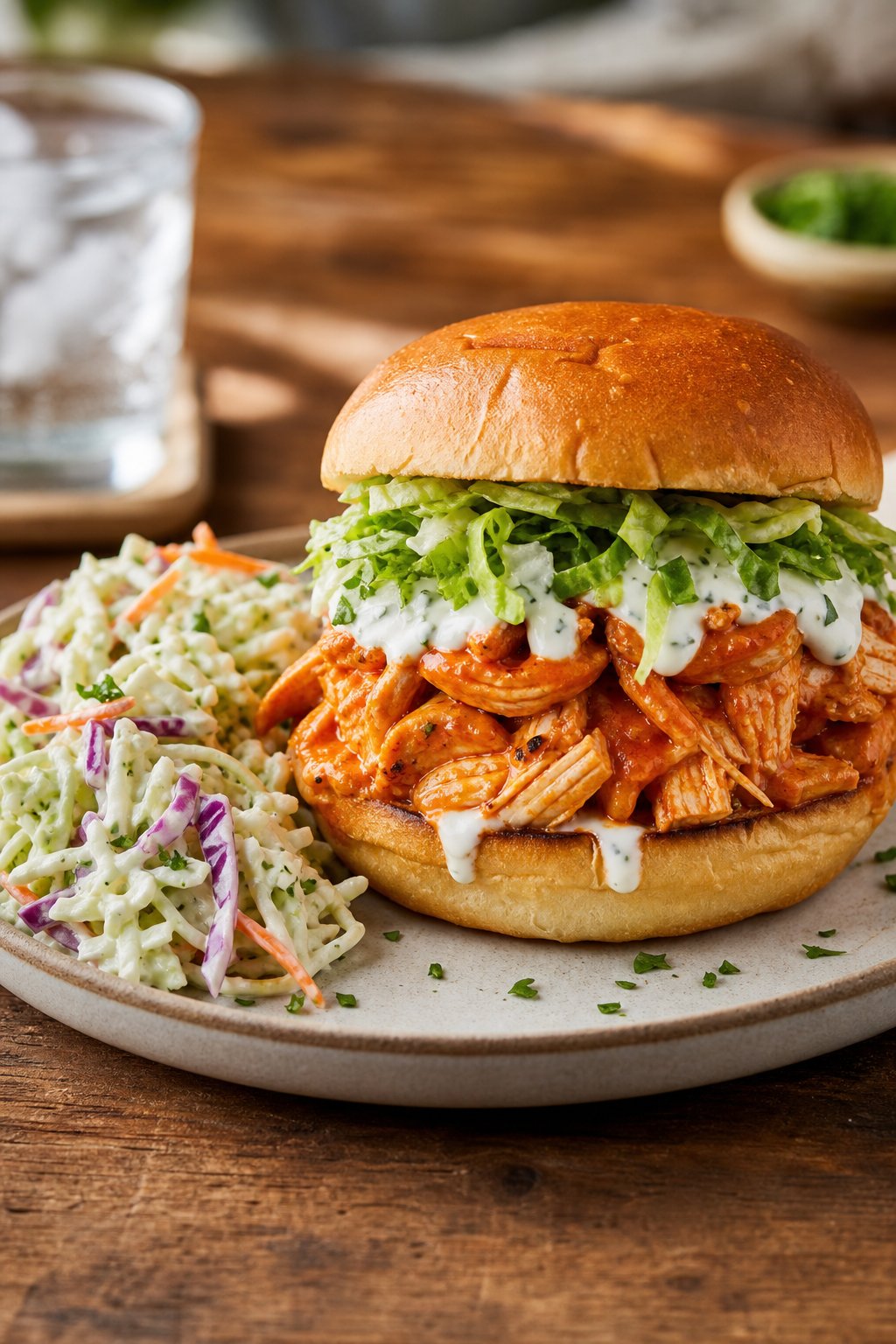 A buffalo chicken sandwich on a toasted bun with creamy ranch slaw spilling out the sides, served next to a bowl of extra slaw