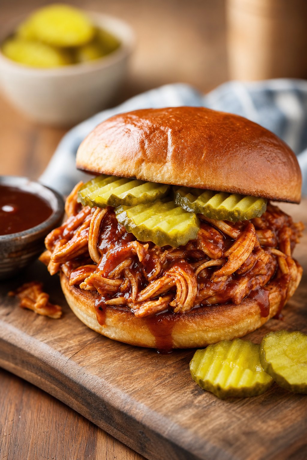 A BBQ pulled chicken sandwich stacked high on a wooden board with a small bowl of BBQ sauce and a pile of pickle chips nearby