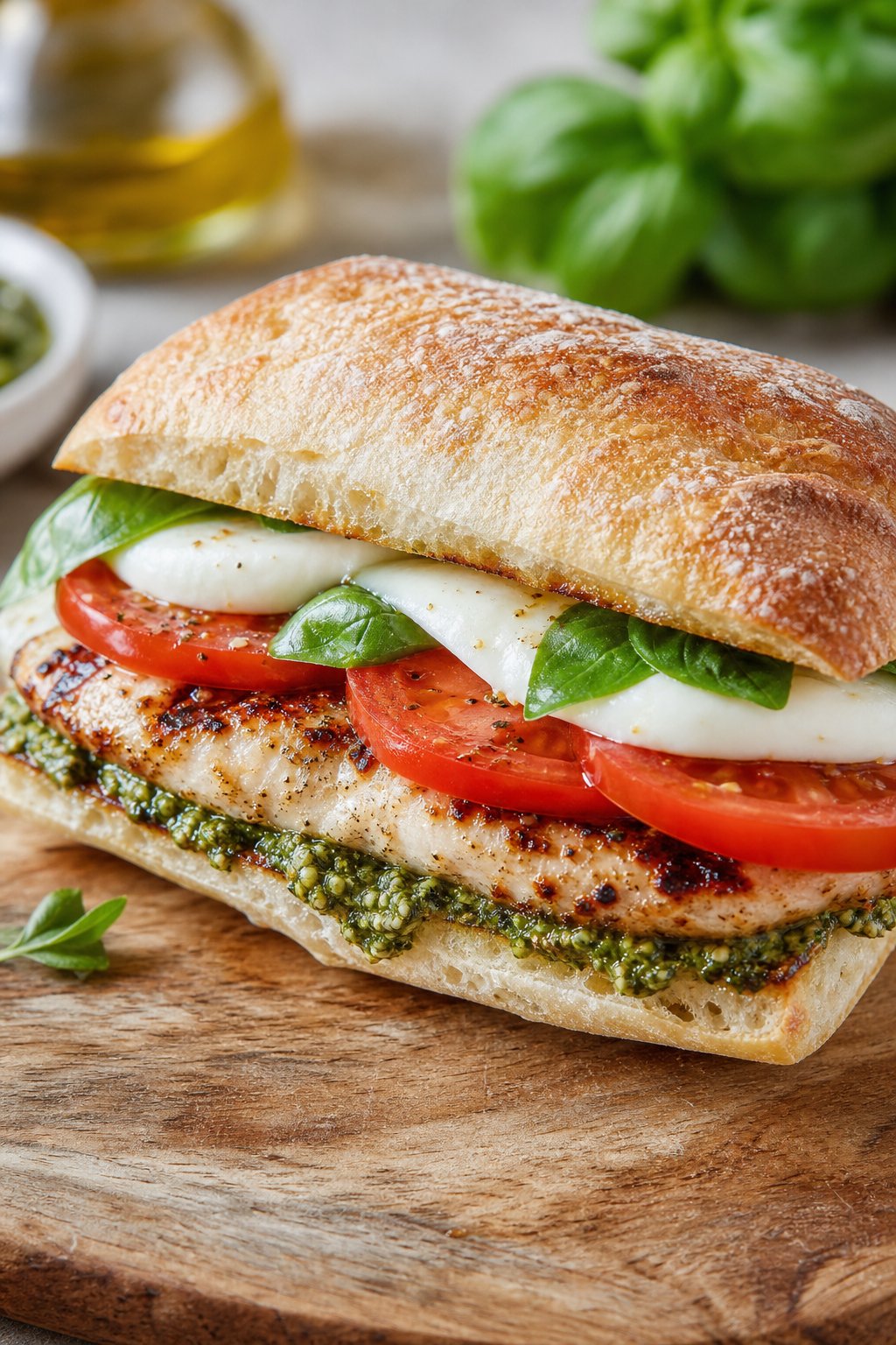 A grilled chicken breast layered with fresh mozzarella, thick tomato rounds, and basil leaves on toasted ciabatta, served on a wooden board