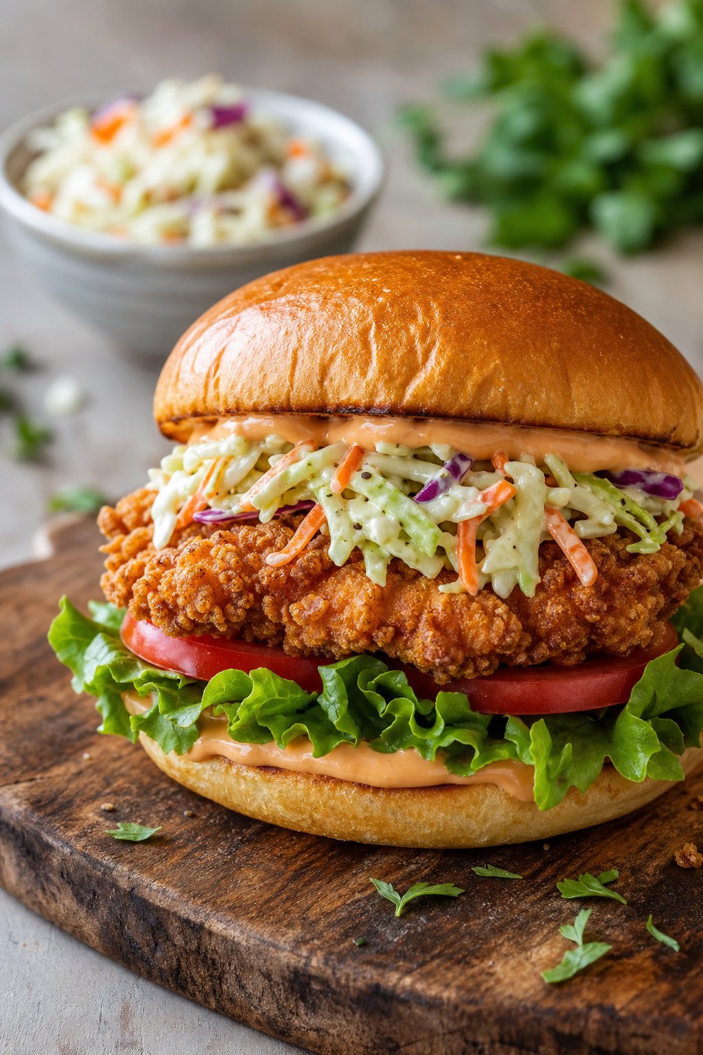 A crispy shallow-fried chicken sandwich piled with coleslaw and sauce on a toasted bun, served on a wooden board with a bowl of coleslaw in the background