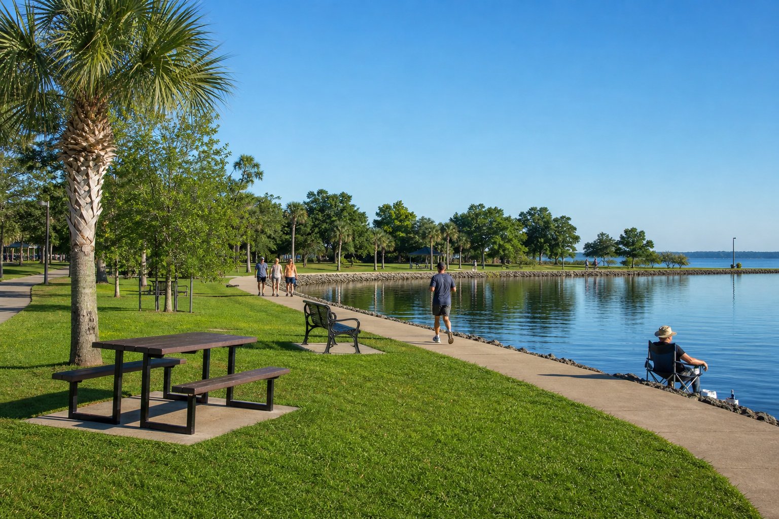 A peaceful waterfront park in Long Beach, Mississippi with green grass, palm trees, a walking path, and calm blue water under a clear sky.