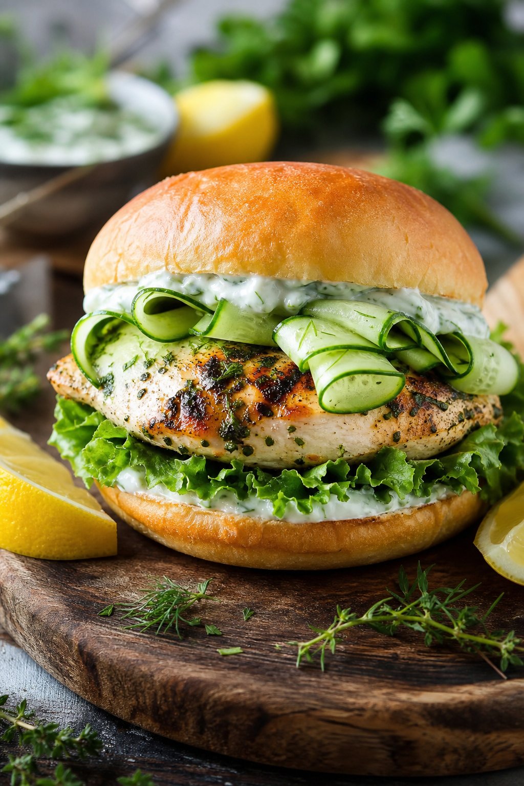 A grilled chicken sandwich with long cucumber ribbons, green lettuce, and a creamy sauce on a toasted roll, served on a wooden board with lemon wedges beside it