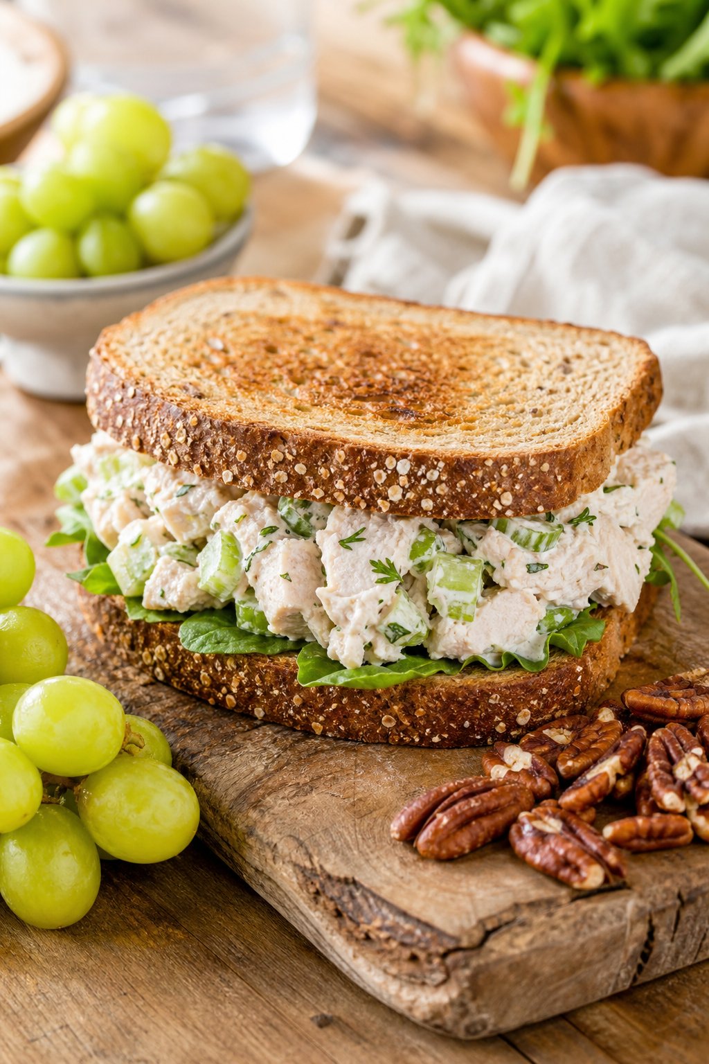 A chicken salad sandwich on toasted whole-wheat bread with visible green grapes and toasted pecan pieces, set on a wooden board