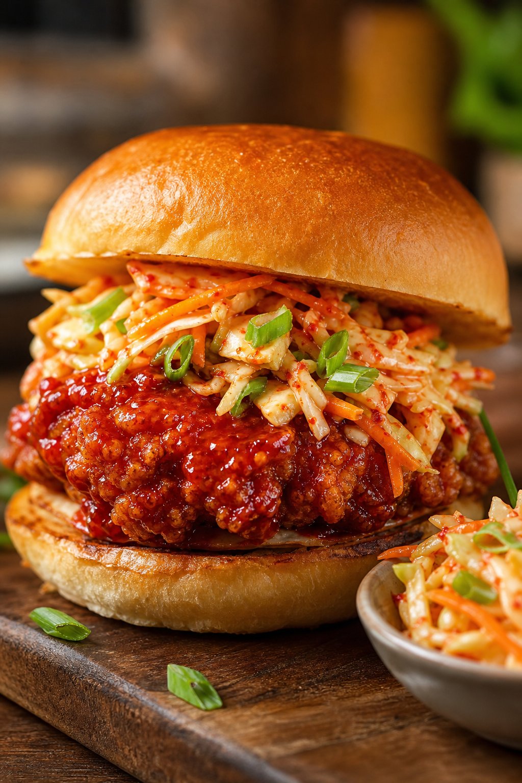 A spicy gochujang chicken sandwich with a vivid red sauce and colorful kimchi slaw piled onto a toasted bun, set on a wooden board