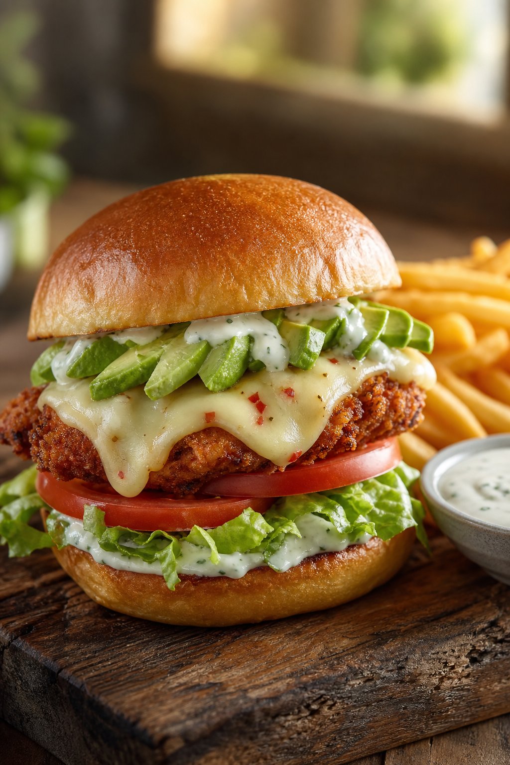 A grilled chicken sandwich with sliced avocado, melted pepper jack cheese, lettuce, and tomato on a toasted bun, served with fries and ranch dressing on a wooden board