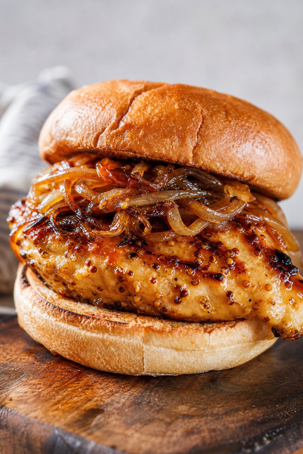 Close-up of a glazed chicken sandwich with sticky maple-Dijon coating and soft caramelized onions on a toasted bun, served on a wooden board