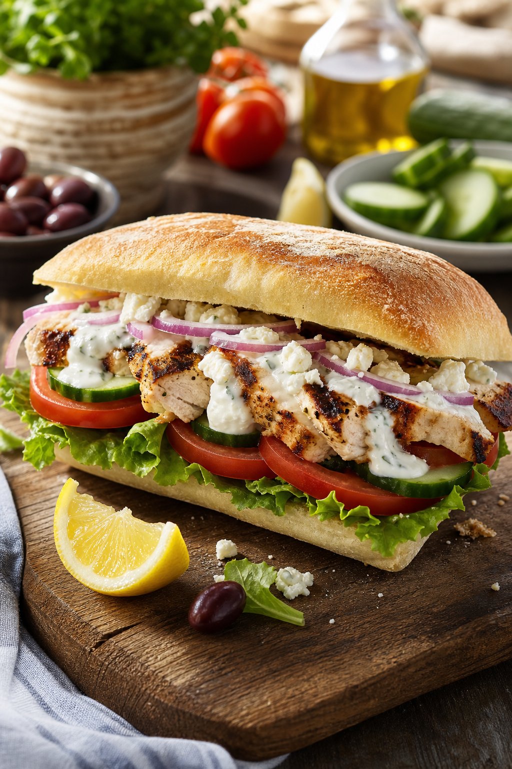 A grilled chicken sandwich with lettuce, tomato, red onion slices, tzatziki sauce, and crumbled feta on a toasted roll, surrounded by fresh ingredients on a wooden board