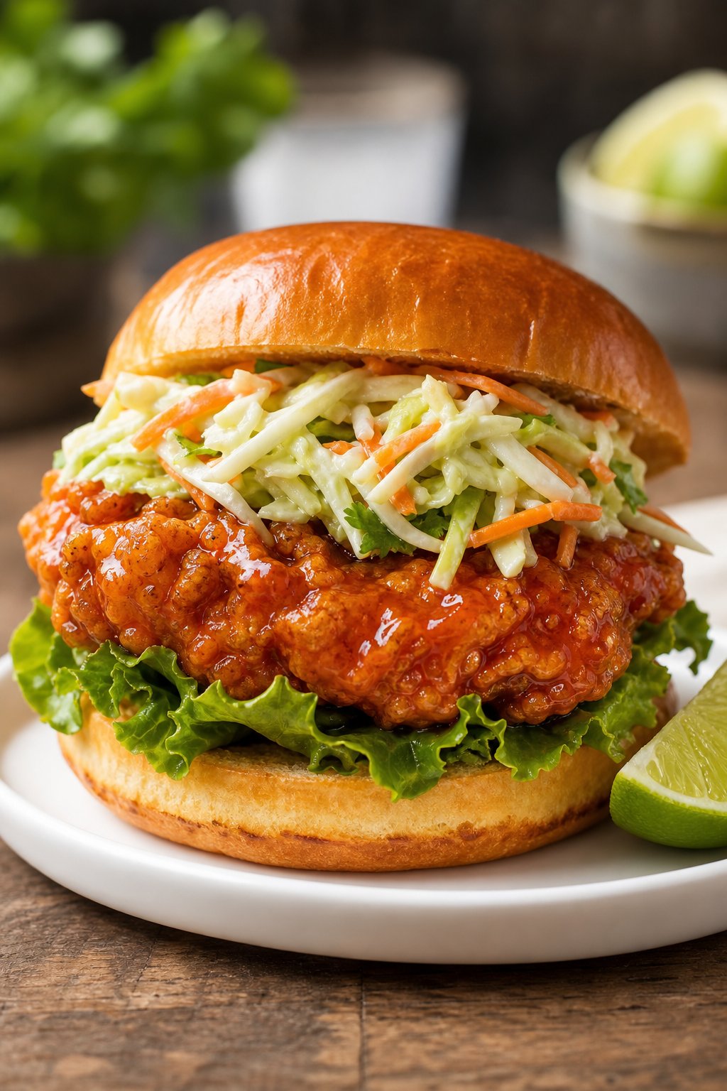 A honey-sriracha chicken sandwich with crispy fried chicken and lime slaw piled onto a toasted bun, served on a white plate