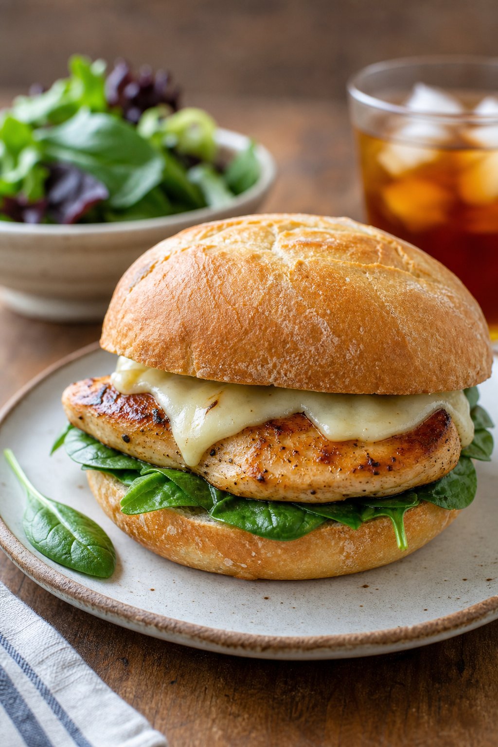 A pan-seared chicken sandwich with baby spinach on a toasted bun, set on a wooden table with a bowl of greens and a glass of iced tea nearby