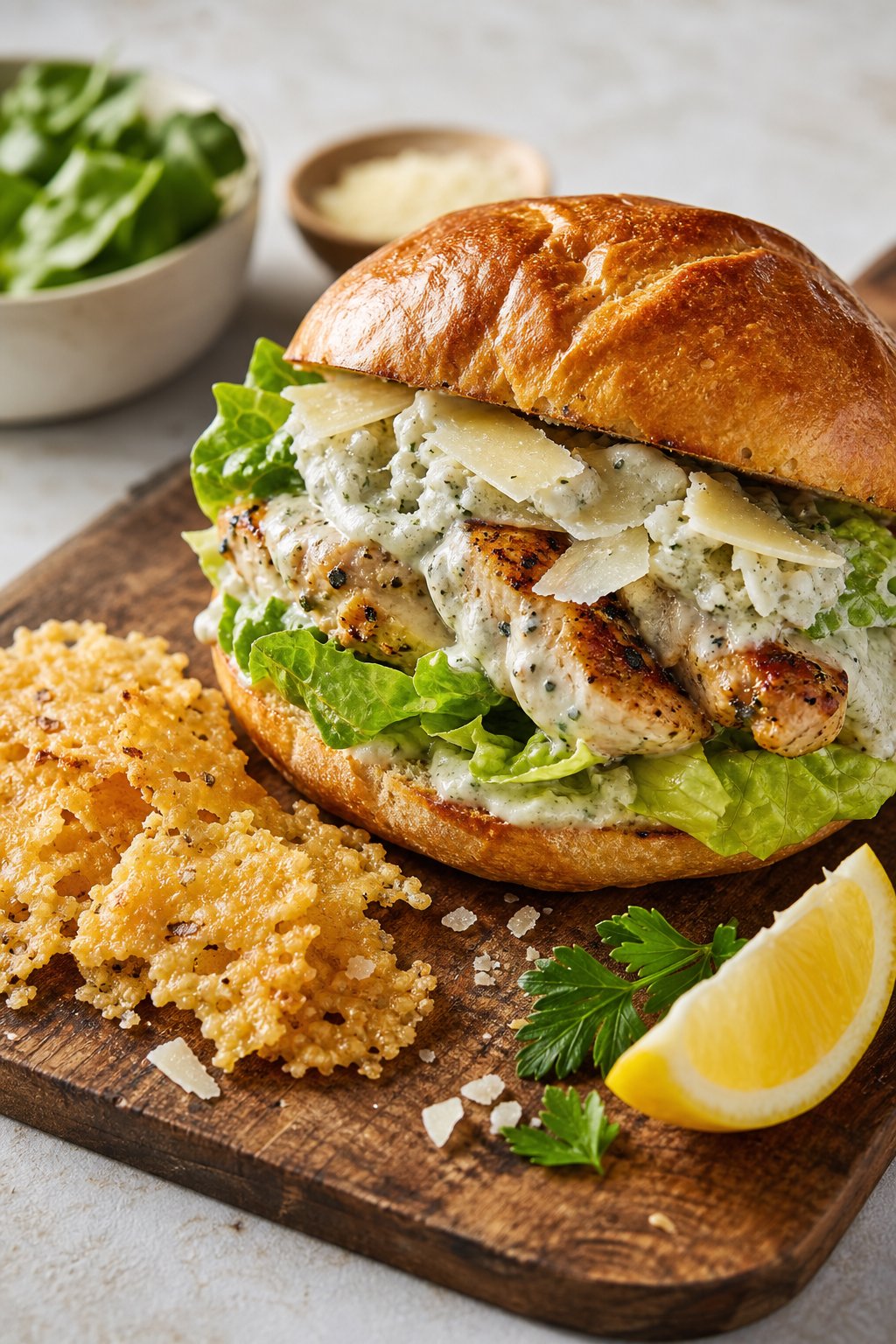 A grilled chicken sandwich with romaine lettuce and golden Parmesan crisps on a toasted bun, set on a wooden board