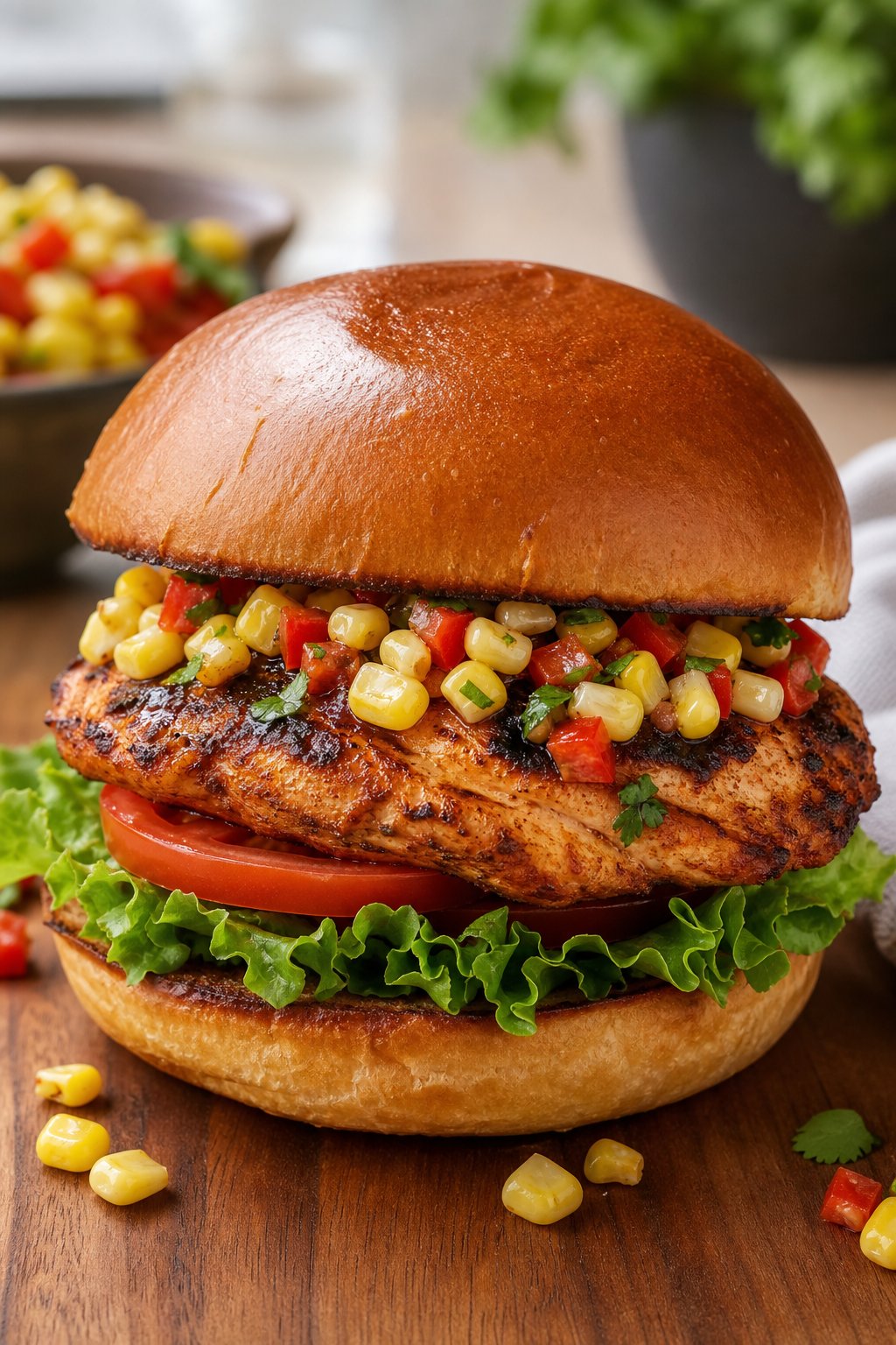 A grilled chipotle chicken sandwich on a toasted brioche bun with sweet corn salsa spooned on top, set on a table with a soft-focus background