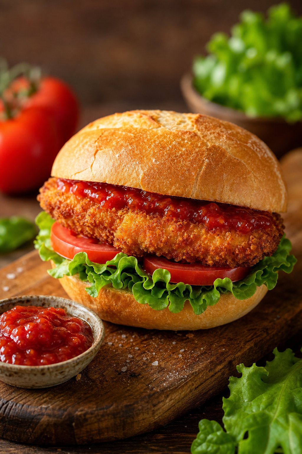 A crispy breaded chicken cutlet sandwich with chunky tomato jam, lettuce, and sliced tomato on a wooden board surrounded by fresh ingredients