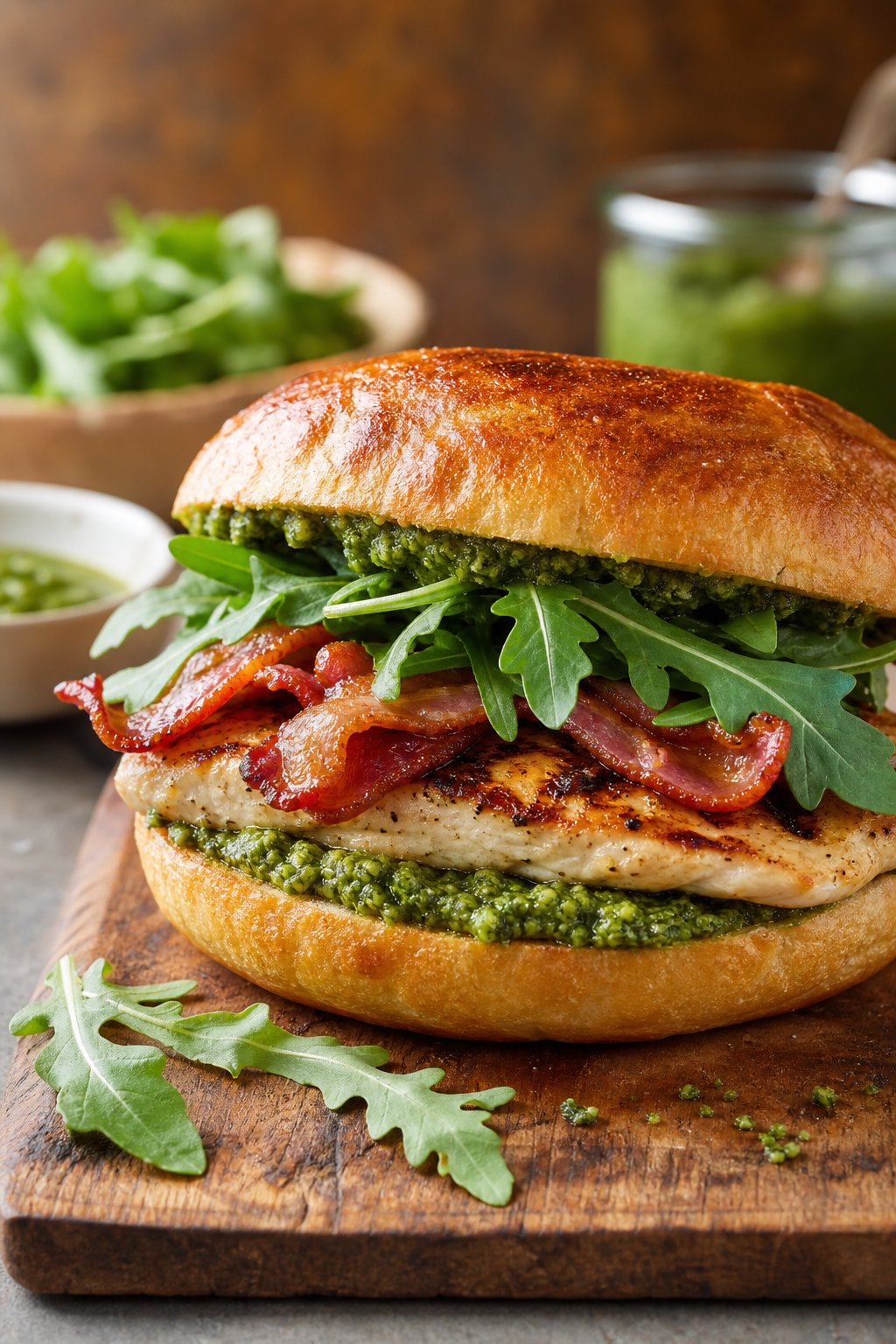 A grilled chicken sandwich with crispy bacon strips, a handful of arugula, and bright green pesto on a toasted bun, placed on a wooden board