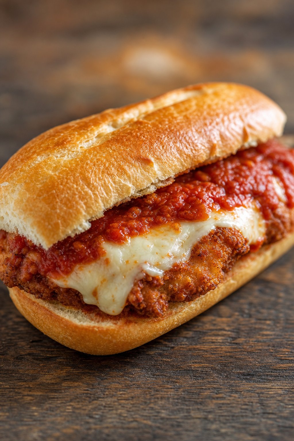 Close-up of a chicken parm sandwich with bubbling melted provolone and deep red marinara sauce on a toasted Italian roll