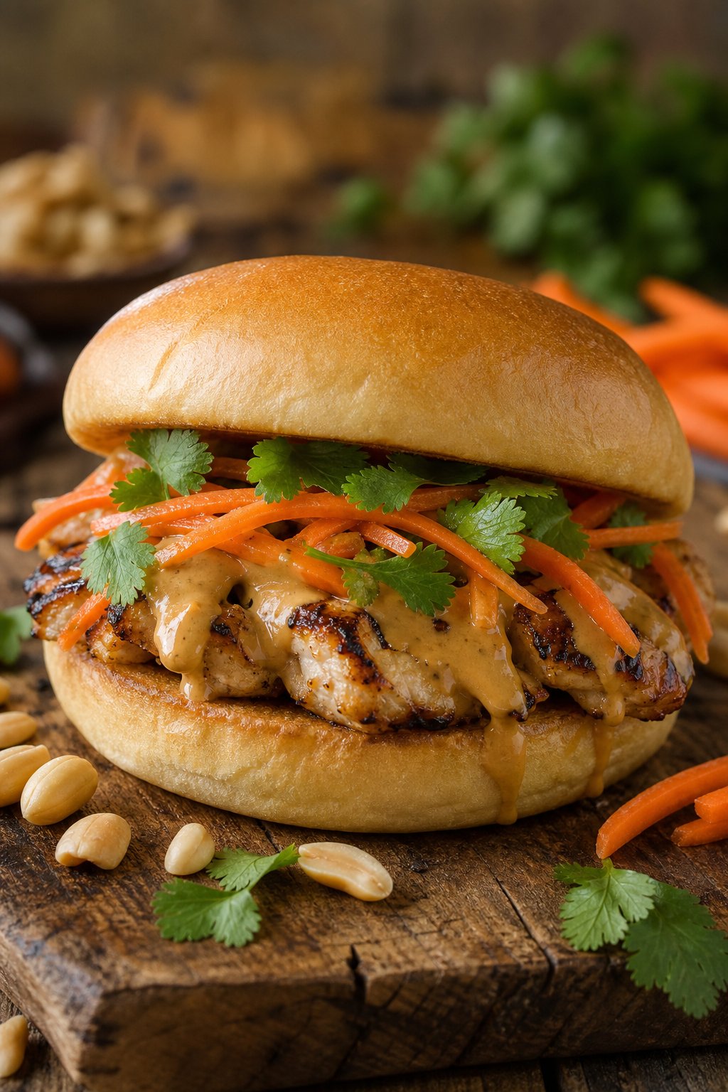 A Thai peanut chicken sandwich with shredded orange carrot and fresh cilantro on a toasted bun, placed on a wooden surface