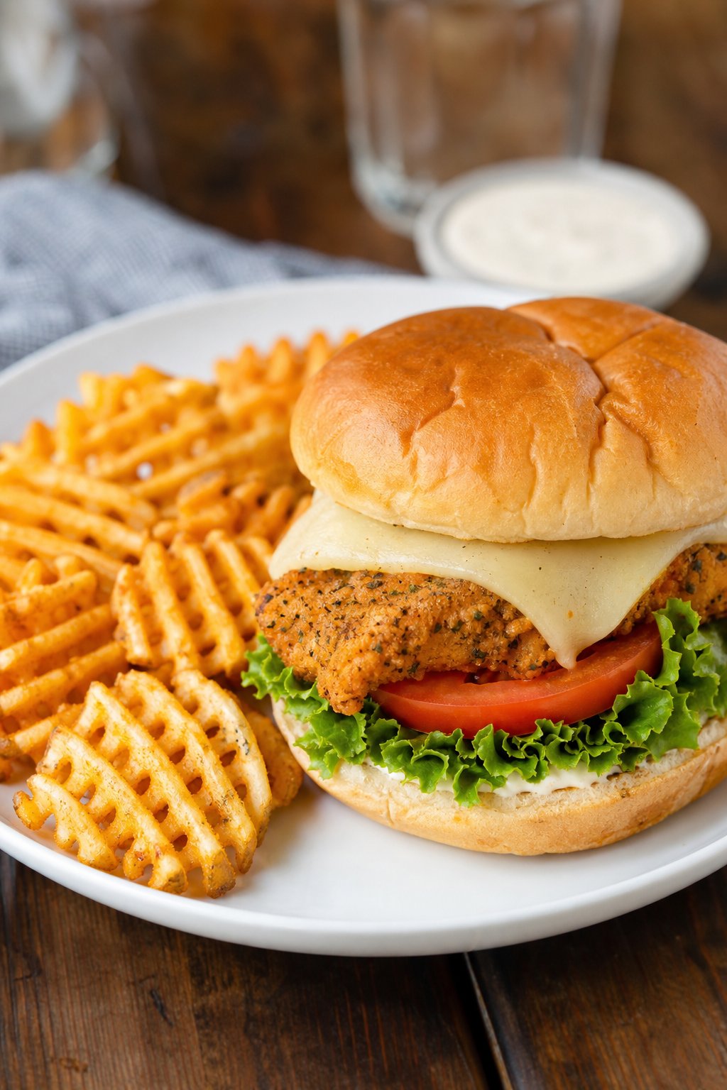 A ranch-seasoned chicken tender sandwich with shredded lettuce, cheese, and tomato on a toasted bun, served beside a pile of crispy waffle fries on a plate