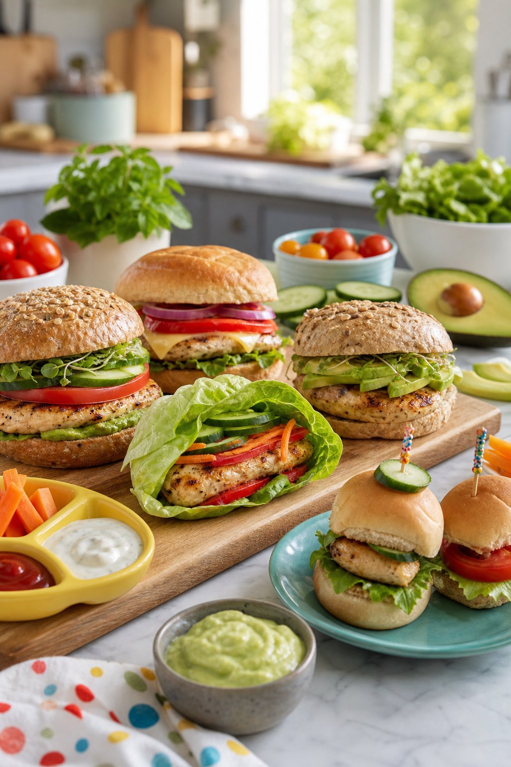 A bright kitchen scene with colorful chicken sandwiches, fresh vegetables, and ingredient bowls arranged on plates and a wooden cutting board