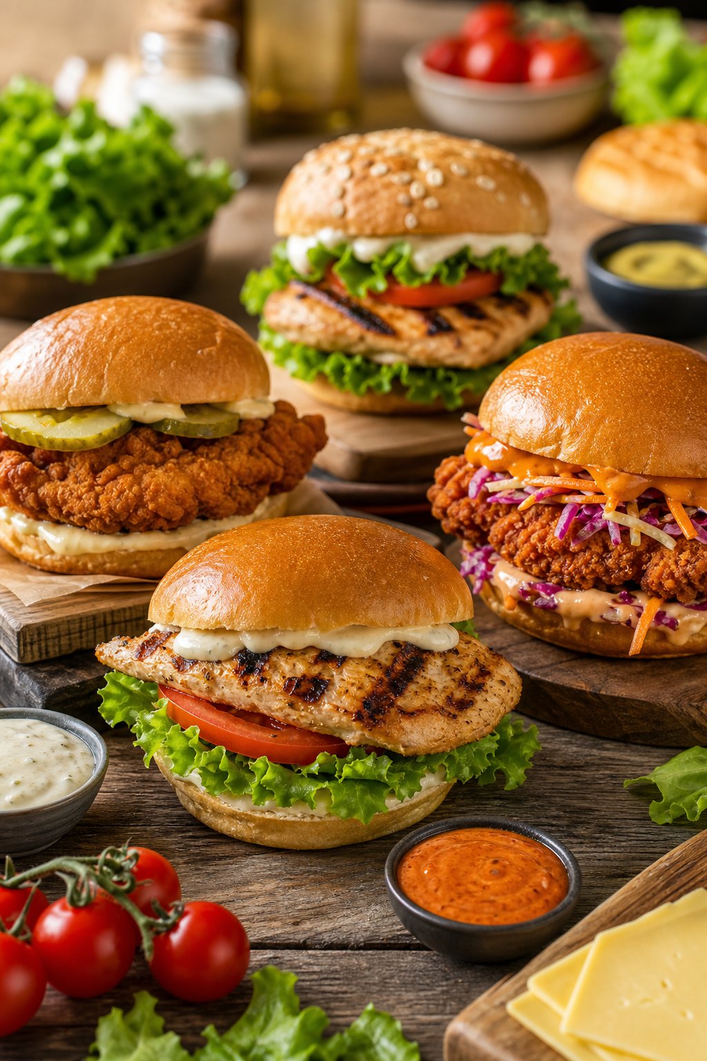 A wooden table with several freshly assembled chicken sandwiches on various buns, surrounded by small bowls of dipping sauces and sliced fresh vegetables