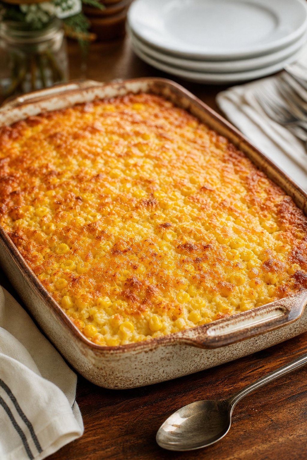 22 Corn Casserole Jiffy That Feeds a Crowd 2 A large golden corn casserole in a cream ceramic baking dish set on a wooden farmhouse table, with stacked white plates and silver serving spoons arranged nearby.