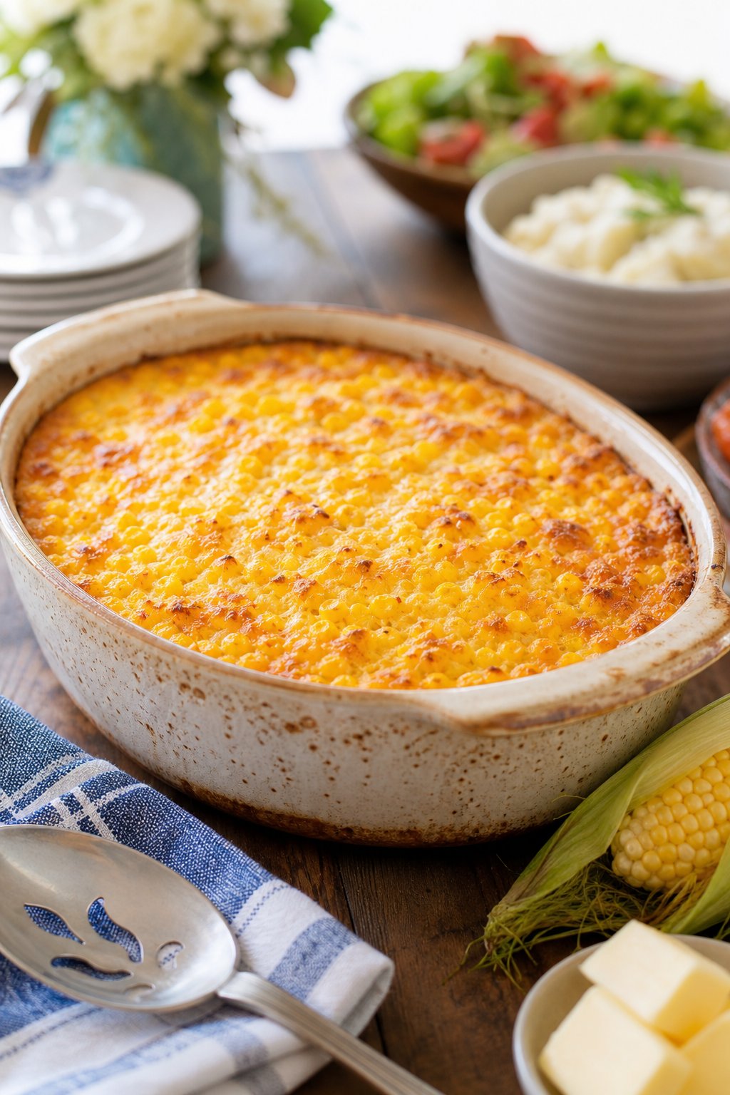 22 Corn Casserole Jiffy That Feeds a Crowd 3 A golden-topped corn casserole baked in a white ceramic dish on a wooden table, with a large serving spoon and two ears of fresh corn arranged to the side.