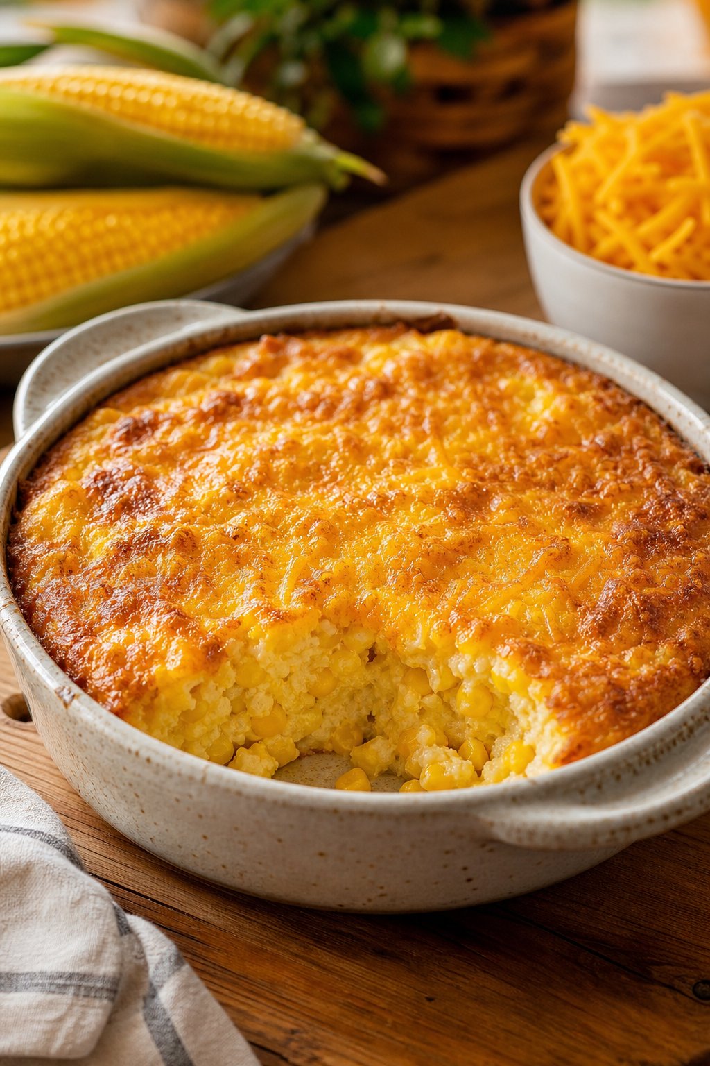22 Corn Casserole Jiffy That Feeds a Crowd 4 A freshly baked corn casserole with a bubbly melted cheddar topping in a terracotta ceramic dish, surrounded by fresh corn ears and a small pile of shredded orange cheddar on a wooden table.