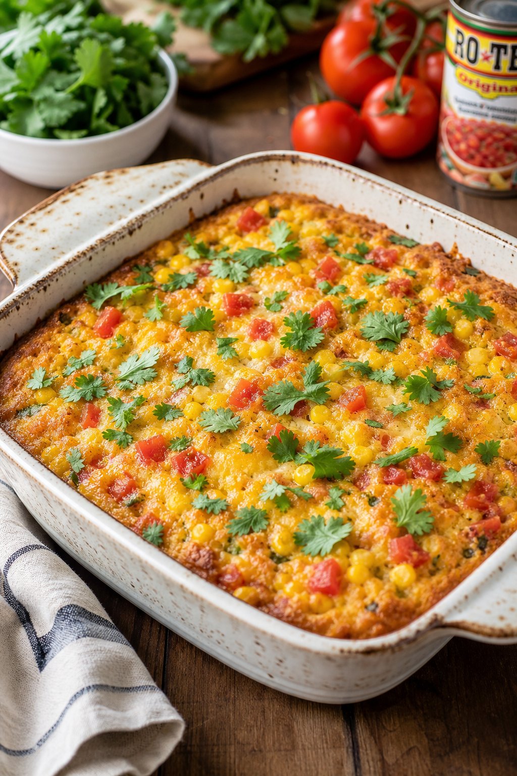 22 Corn Casserole Jiffy That Feeds a Crowd 5 A baked corn casserole flecked with red tomato and bright green cilantro in a white ceramic dish on a wooden table, with a can of Rotel and a bunch of fresh cilantro nearby.