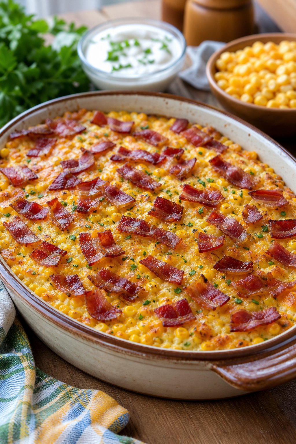 22 Corn Casserole Jiffy That Feeds a Crowd 6 A bubbling corn casserole topped with a full layer of crispy bacon strips in a rectangular baking dish on a wooden table, with a bowl of shredded cheese and a pepper in the background.