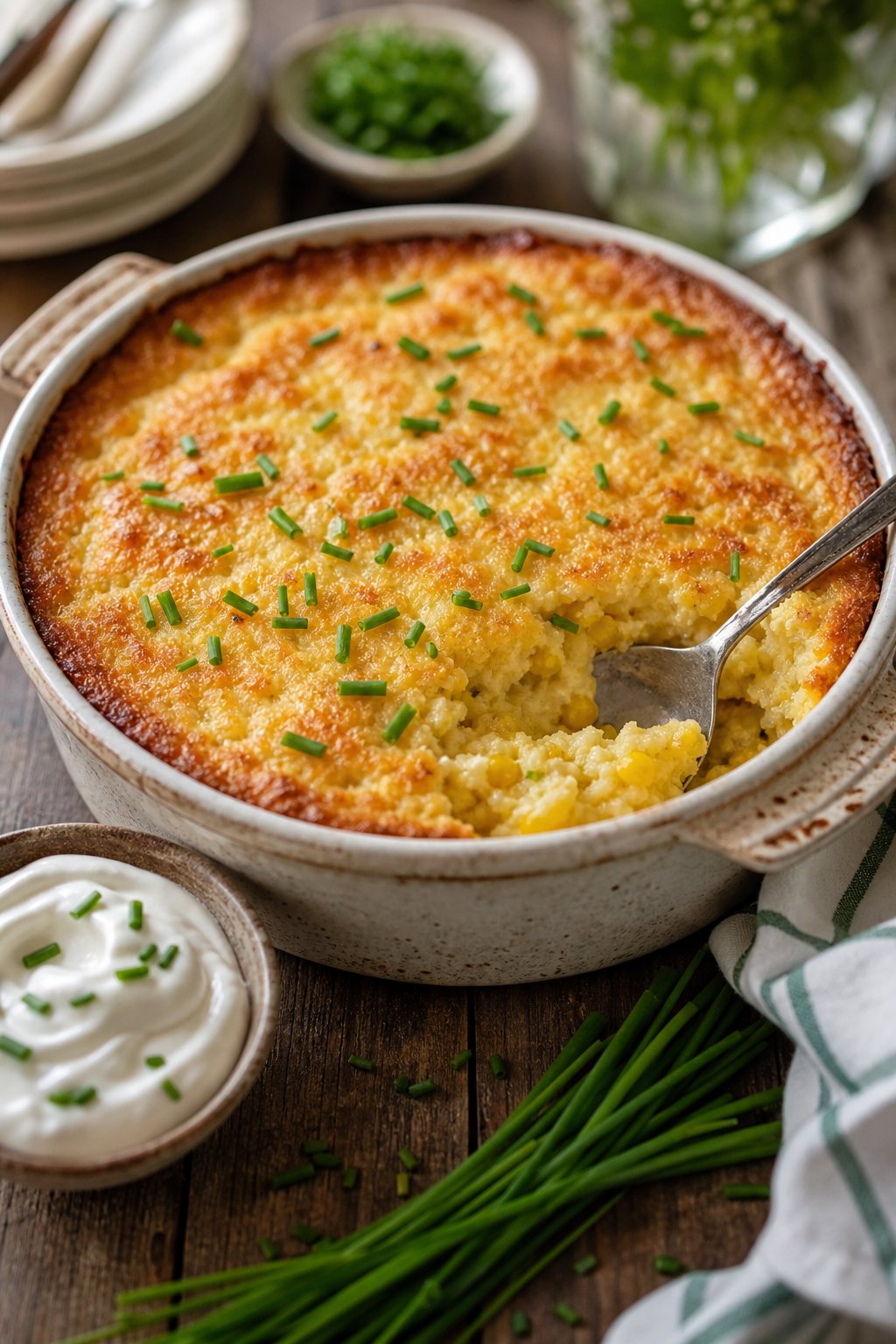 22 Corn Casserole Jiffy That Feeds a Crowd 7 A golden-brown corn casserole sprinkled with bright green chopped chives in a white ceramic dish on a wooden table, with a large serving spoon and a small bunch of fresh chives alongside.