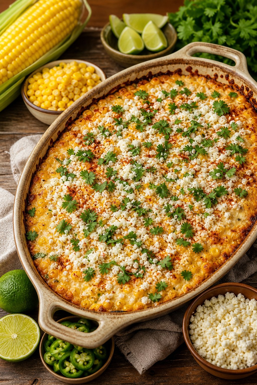 22 Corn Casserole Jiffy That Feeds a Crowd 8 A golden baked corn casserole crumbled with white cotija cheese and scattered cilantro, surrounded by halved lime wedges and fresh jalapeños on a wooden table.