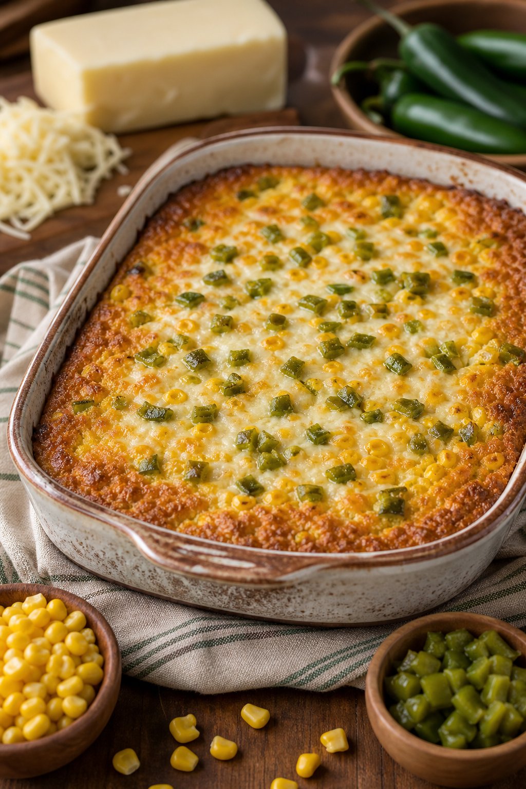 22 Corn Casserole Jiffy That Feeds a Crowd 9 A golden baked corn casserole with visible green chile pieces under a layer of melted white Monterey Jack cheese in a ceramic dish on a wooden table.