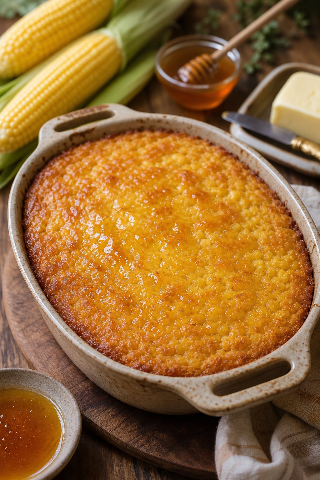 22 Corn Casserole Jiffy That Feeds a Crowd 10 A corn casserole with a shiny honey-butter glazed top baked to a deep golden brown in a ceramic dish on a wooden table, with a small jar of honey and a stick of butter placed to the left.
