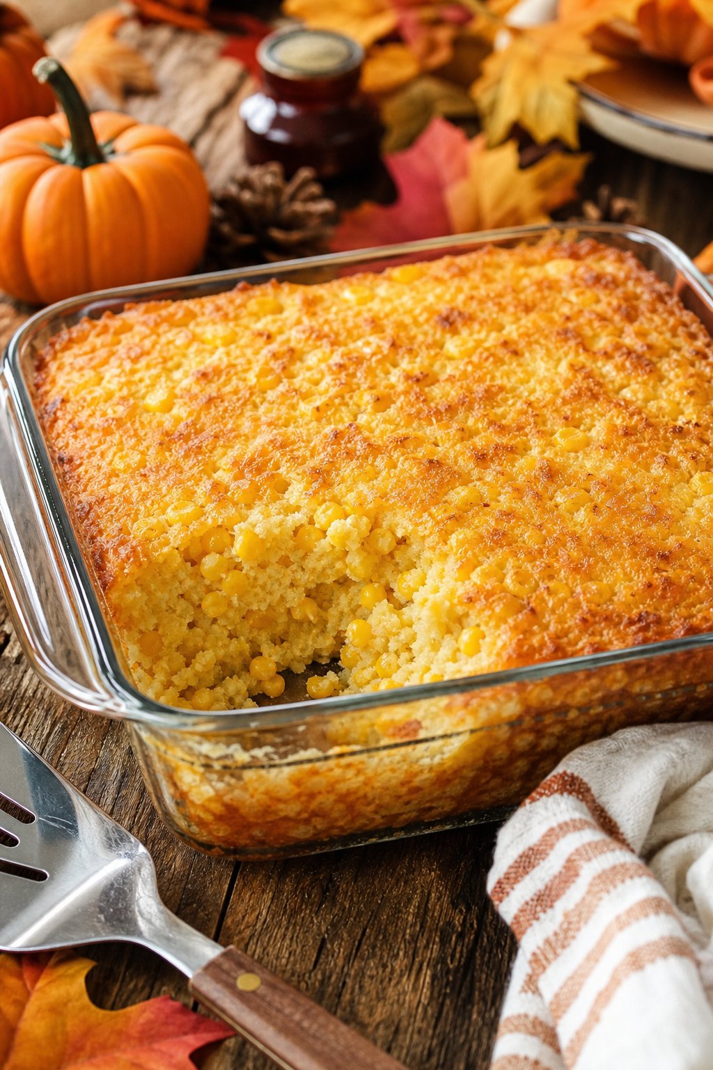 22 Corn Casserole Jiffy That Feeds a Crowd 11 A golden-brown corn casserole in a clear glass baking dish on a wooden table with small decorative gourds and dried leaves arranged around it.