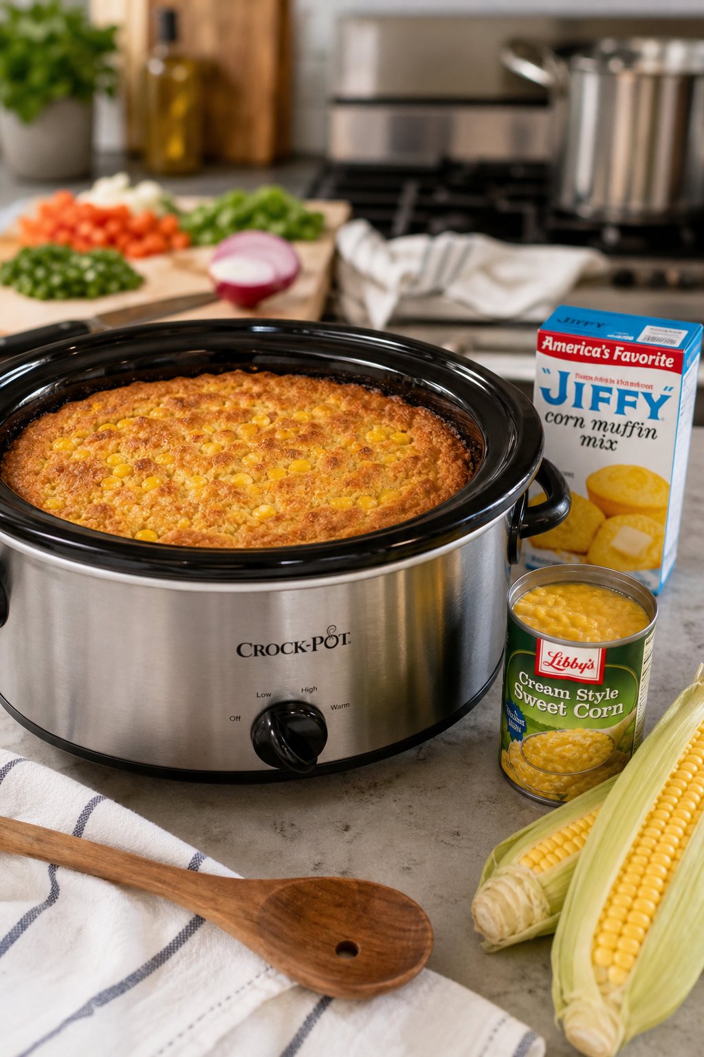 22 Corn Casserole Jiffy That Feeds a Crowd 12 A slow cooker on a kitchen counter with a finished golden corn casserole inside, surrounded by an open can of creamed corn, a box of Jiffy mix, and a wooden spoon.