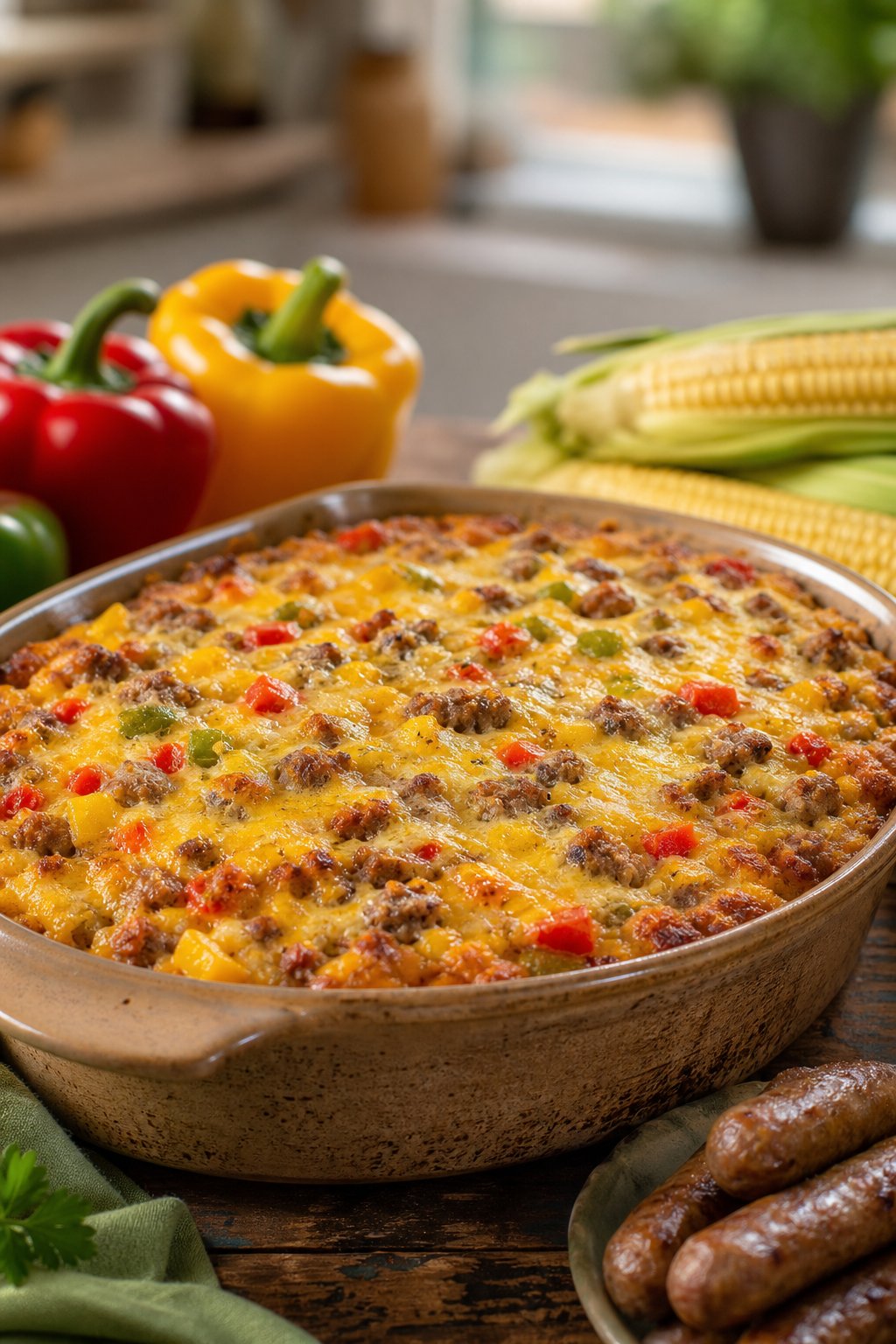22 Corn Casserole Jiffy That Feeds a Crowd 14 A baked corn casserole studded with browned sausage crumbles and bright diced red and green bell peppers in a ceramic dish on a wooden table with fresh peppers alongside.