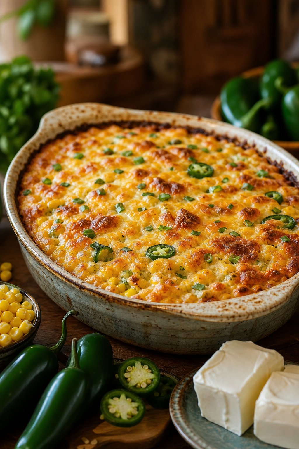 22 Corn Casserole Jiffy That Feeds a Crowd 15 A freshly baked corn casserole with bubbling melted cheddar on top in a white ceramic dish on a wooden table, with several whole jalapeños and a few ears of corn arranged around it.