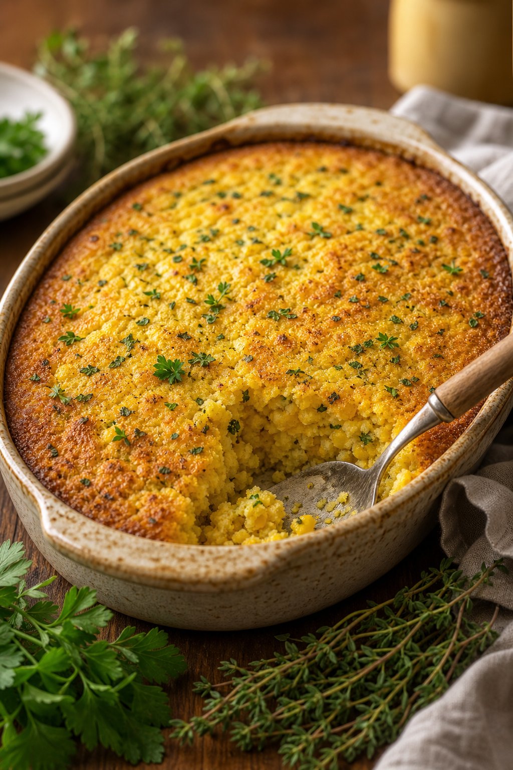 22 Corn Casserole Jiffy That Feeds a Crowd 16 A golden-brown corn casserole in a white ceramic dish garnished with small fresh thyme sprigs and a scatter of flat-leaf parsley on a wooden table.