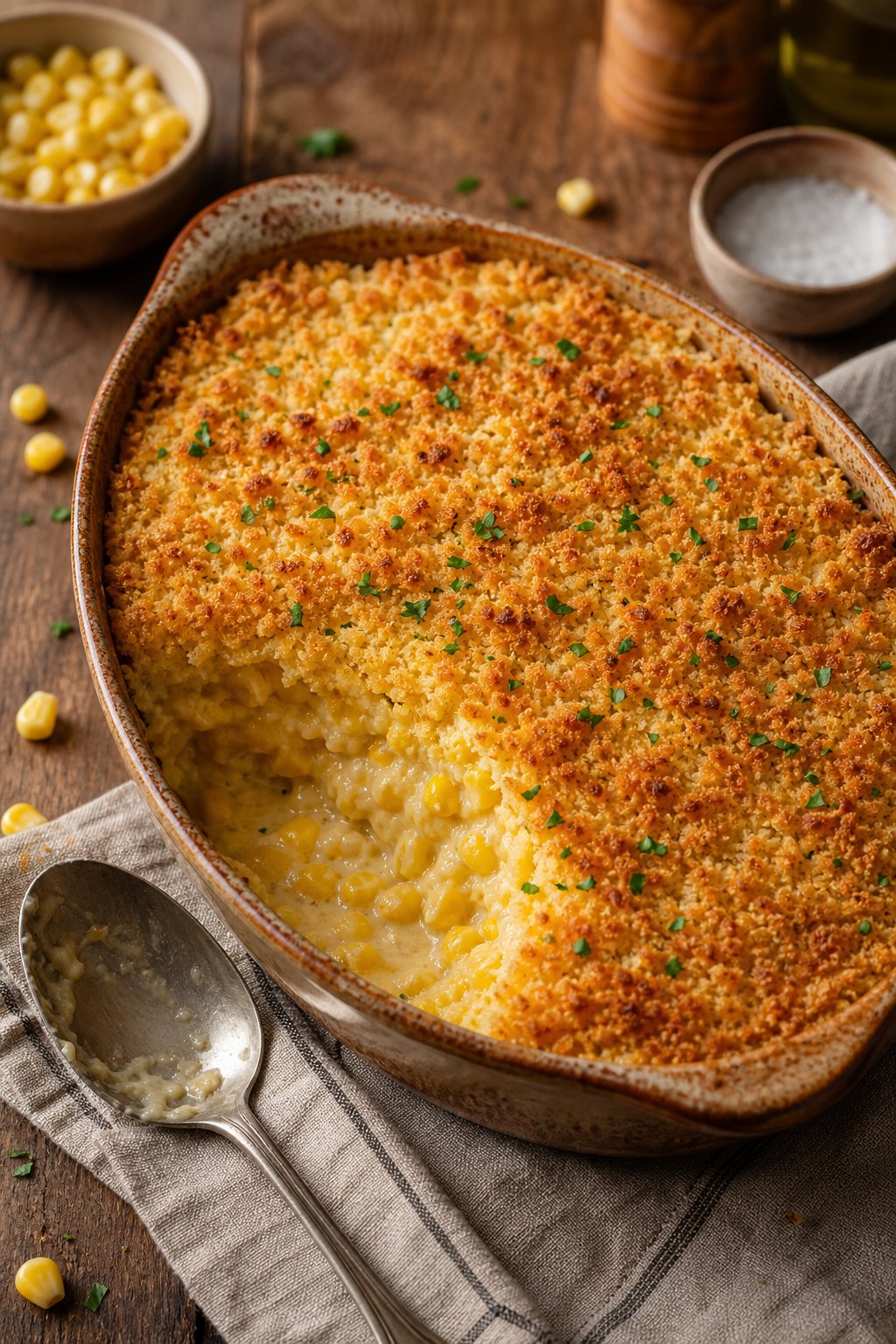 22 Corn Casserole Jiffy That Feeds a Crowd 17 A corn casserole with a deeply golden, rough-textured panko breadcrumb topping in a white ceramic dish on a wooden table, with a large serving spoon resting on the side.