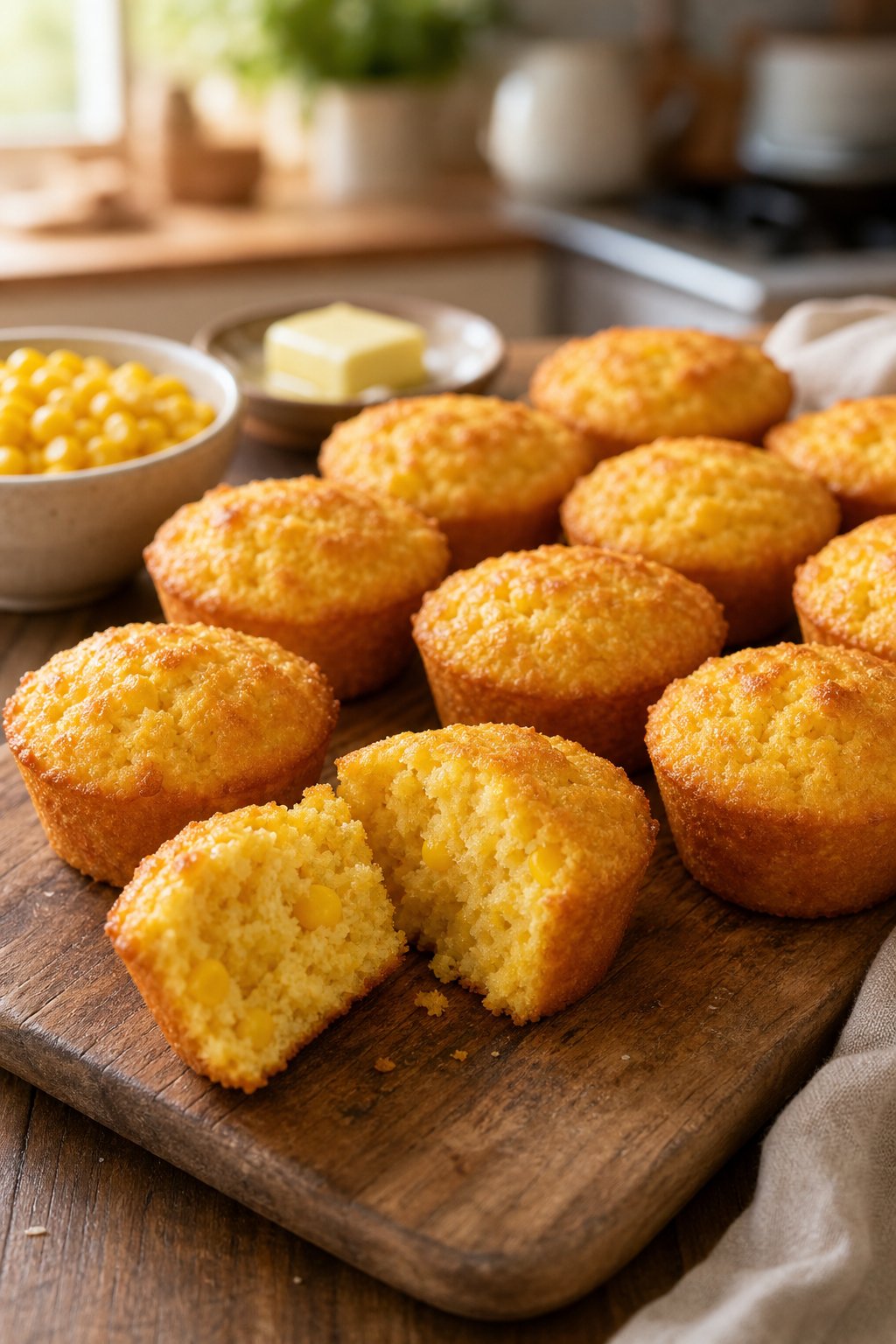 22 Corn Casserole Jiffy That Feeds a Crowd 18 A wooden serving board with a dozen golden corn casserole muffins, one split open to show a moist interior, with scattered corn kernels and a small dish of softened butter nearby.