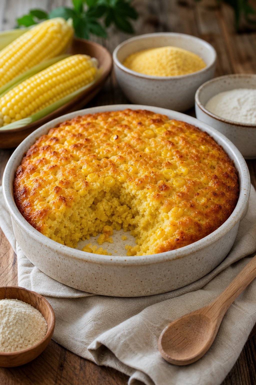 22 Corn Casserole Jiffy That Feeds a Crowd 19 A freshly baked gluten-free corn casserole with a pale golden top in a ceramic dish on a wooden table, surrounded by a bag of fine cornmeal, a can of corn, and a small container of baking powder.