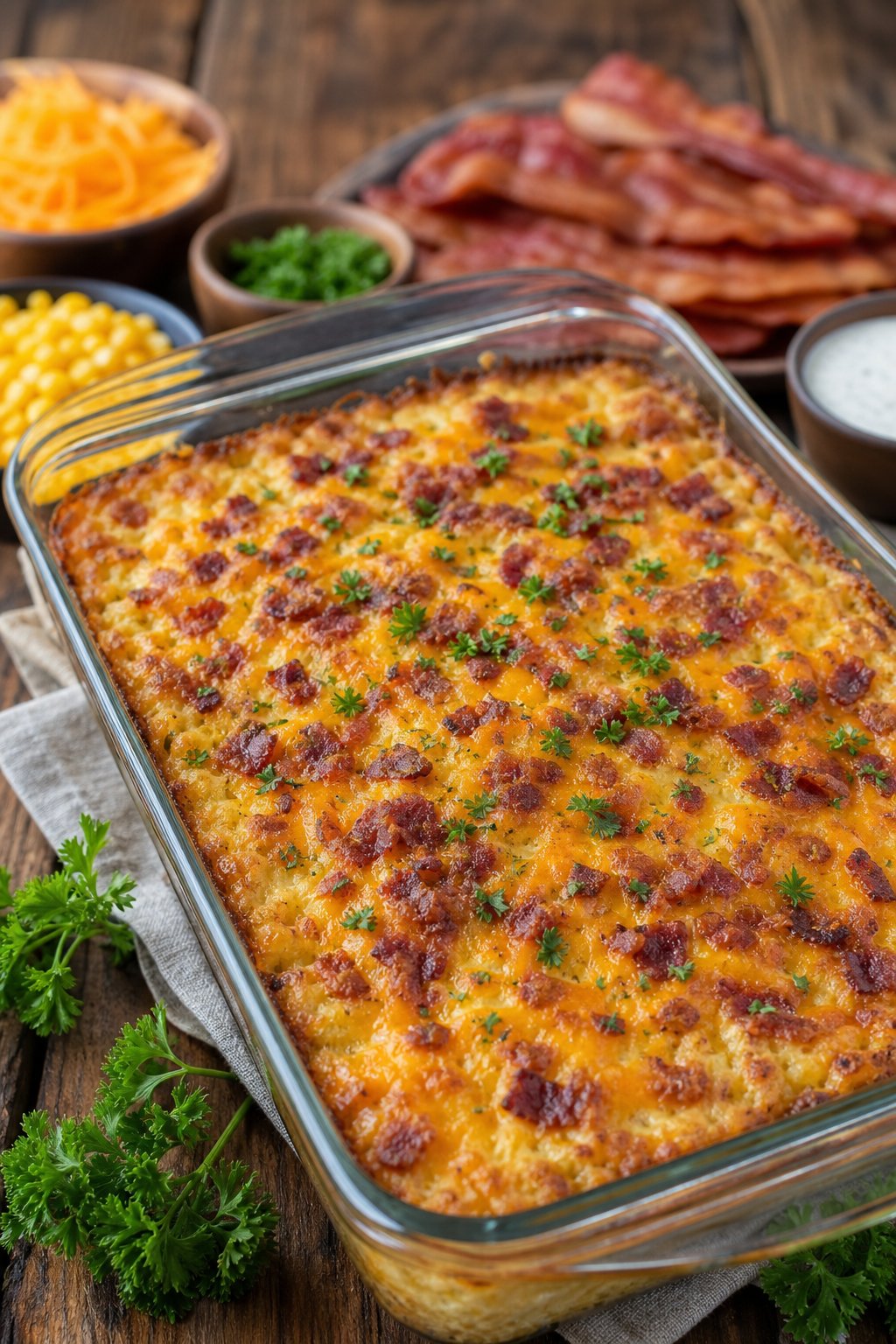 22 Corn Casserole Jiffy That Feeds a Crowd 20 A freshly baked corn casserole loaded with visible bacon crumbles and a bubbly cheddar top in a glass baking dish on a wooden table, with a small bowl of ranch seasoning and crumbled bacon to the side.