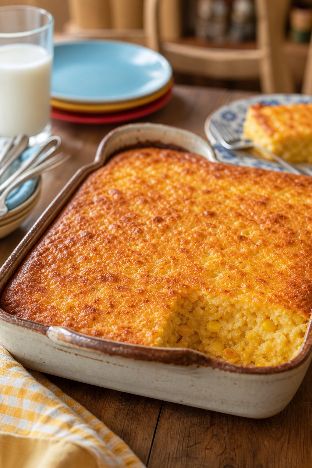 22 Corn Casserole Jiffy That Feeds a Crowd 21 A pale golden sweet corn casserole in a round cream-colored ceramic dish on a wooden table with stacked white plates and simple silverware arranged beside it.